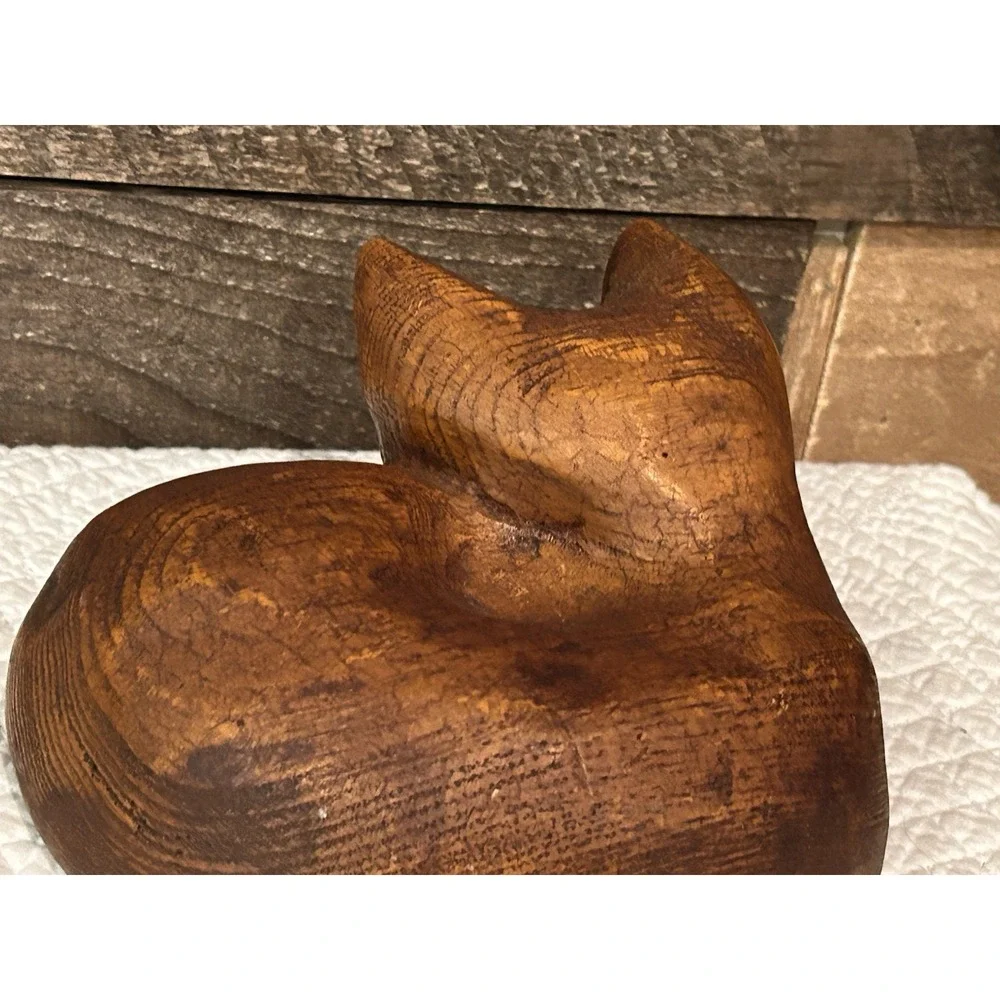 Vintage Midcentury Modern‎ Sleeping Cat Wooden Figurine Sculpture